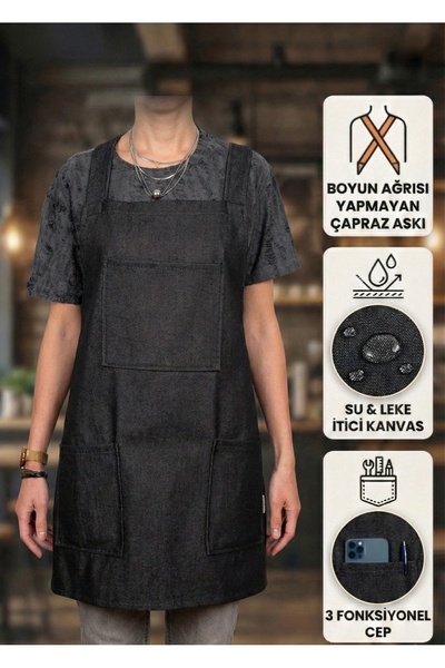 DENİMTİME Siyah Mutfak ve Aşçı Önlüğü, Çok Cepli, Unisex, Dayanıklı Kumaş, Ko...
