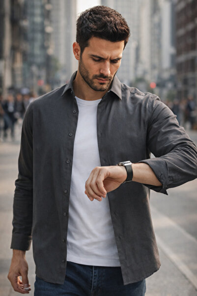 Varetta Erkek Kurşun Gri Gömlek Düz Uzun Kollu Cepsiz Geniş Kesim