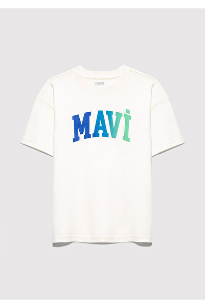 Mavi Logo Baskılı Ekru Tişört Loose Fit / Bol Rahat Kesim 6610440-70057