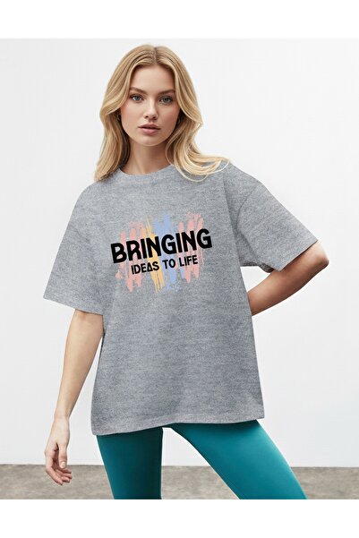 caddekombin Ženska moderna umetnost Štampano okrugla kragna Siva T-shirt