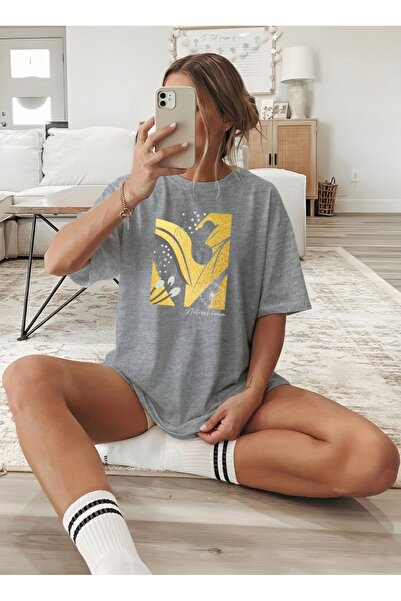 caddekombin Păpădie și frunze pentru femei cu imprimeu guler rotund Gri tricou