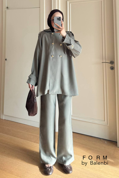 Balenbi Double-Breasted Collar Double Button Detailed Hijab Women's Woven Sui...