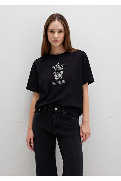 Mavi Schwarzes T-Shirt mit Schmetterlingsdruck, reguläre Passform / normaler ...