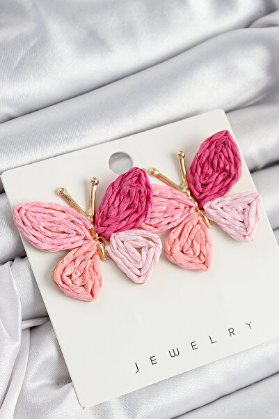 Skygo Brass Pink Butterfly Model Gold Color Women's Straw Earrings - Tj-Bkp10893