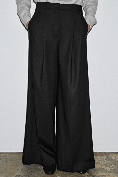 Açelya Okcu Premium BALLARD Orta Bel Geniş Paça Dokuma Pantolon