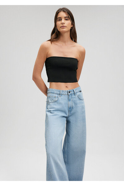 Mavi Straplez Siyah Triko Top Crop / Kısa Kesim 1710448-900