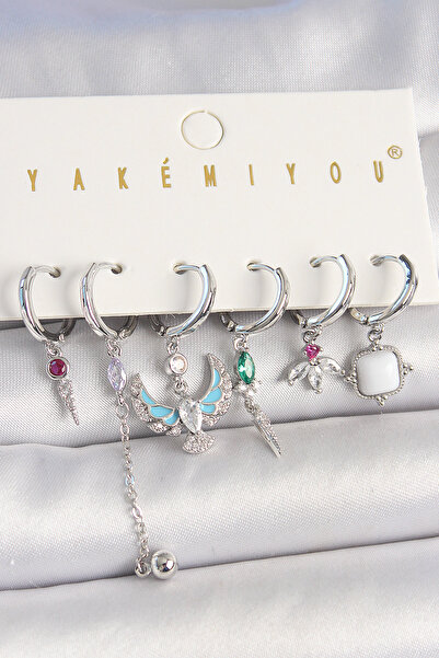 Skygo أقراط نحاسية فضية اللون من حجر الزركون على شكل طائر وزهرة مكونة من 6 قط...