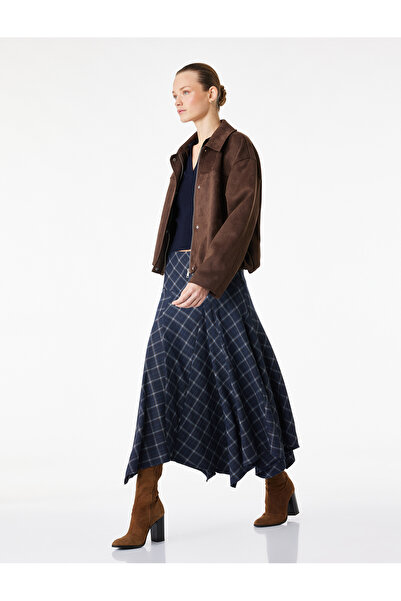 Koton Asymmetrical Cut Midi Length Plaid Skirt