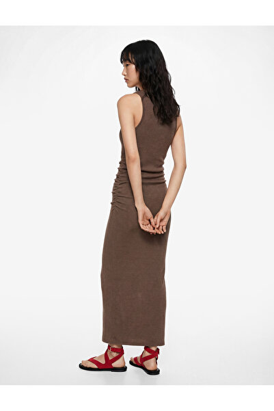 Koton Μακρύ φόρεμα Bodycon με λεπτομέρεια με κορδόνια, αμάνικο και με λαιμόκο...