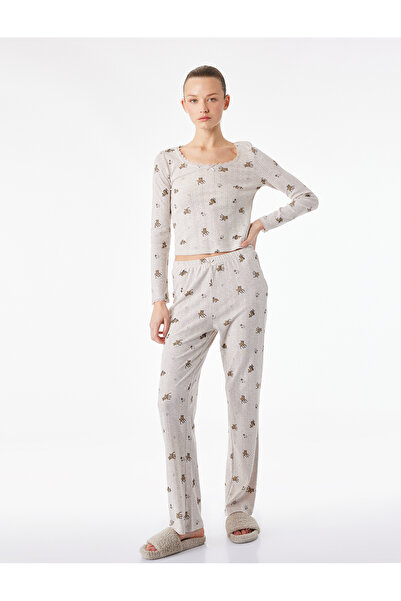 Koton Uzun Kollu Bisiklet Yaka Slim Desenli Pijama Üstü