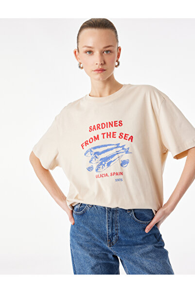 Koton Cotton Short Sleeve Crew Neck Graphic Sardine Print Oversize T-Shirt