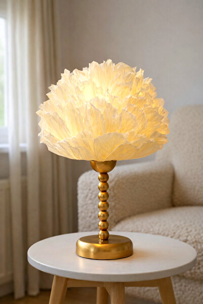 Bubihome Pilli Kablosuz Abajur – Çiçek Tasarım Başlık, Gold Gövde, Modern Gol...