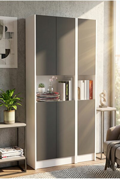YETİ MOBİLYA Flat85 Kitaplık 6 Kapaklı Kütüphane Çok Amaçlı Dolap Beyaz Antrasit