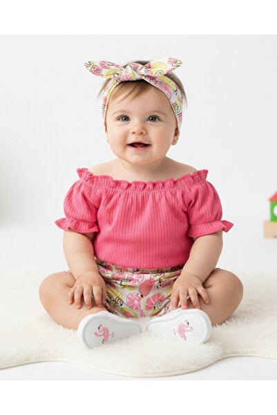 KIZ BEBEK YAZLIK BANDANALI FLAMİNGO BASKILI ŞORTLI 3 PARÇA ŞIK 6-9-12-18-24 AY ALT ÜST BEBEK TAKIM