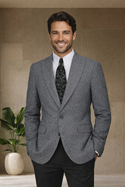 MODA DİNA Šedá pánská bunda Slim Fit Classic v italském stylu