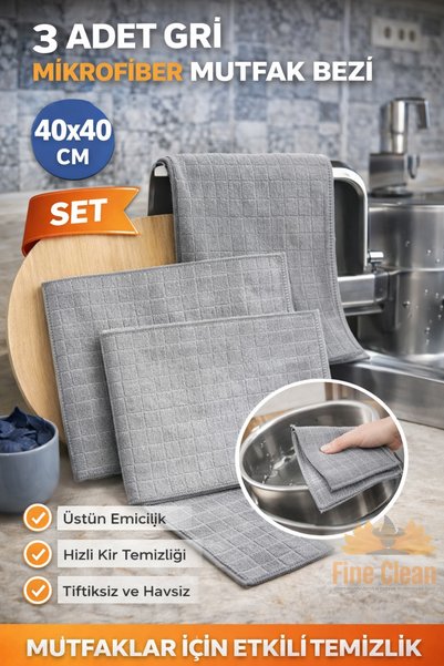 Fine Clean 3 Pieces Magic Microfiber Checkered Gray Kitchen Cloth Stain Resistant Miss Cleaning