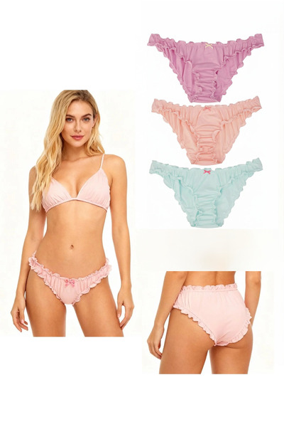 Dominant Kadın 3'lü L Beden Pamuklu Fırfırlı Bikini Külot Seti - Somon Mor Yeşil