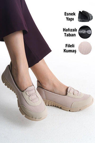 ZOLESSA Kadın Krem Ortopedik Taban Rahat Bağcıklı Babet Anne Ayakkabısı Günlü...