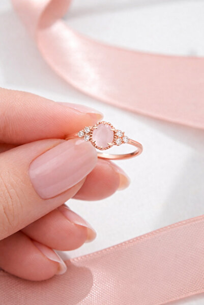 Siset Gümüş 925 Ayar Rose Kaplama Oval Pembe Kuvars Taşlı Gümüş Yüzük