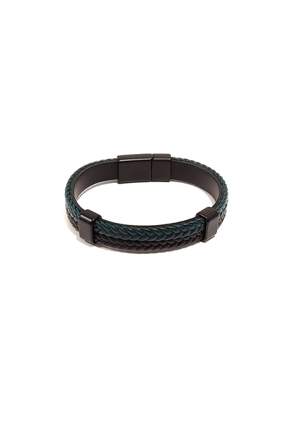 Herşey Nota Navy Blue Black Herringbone Braided Genuine Leather Men's Bracele...