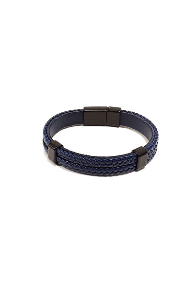 Herşey Nota Navy Blue Herringbone Braided Genuine Leather Men's Bracelet |   ...