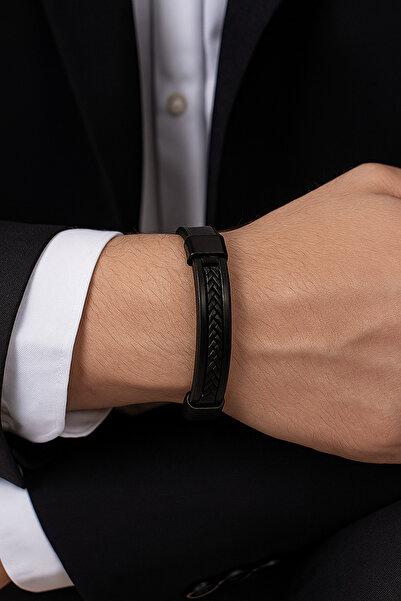 Herşey Nota Black Genuine Leather Herringbone Braided Men's Bracelet |   Magn...