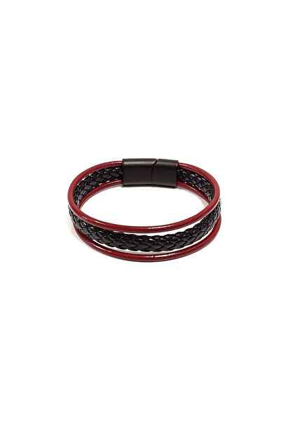 Herşey Nota Black and Red Knitted and Leather Combination Men's Bracelet |   ...