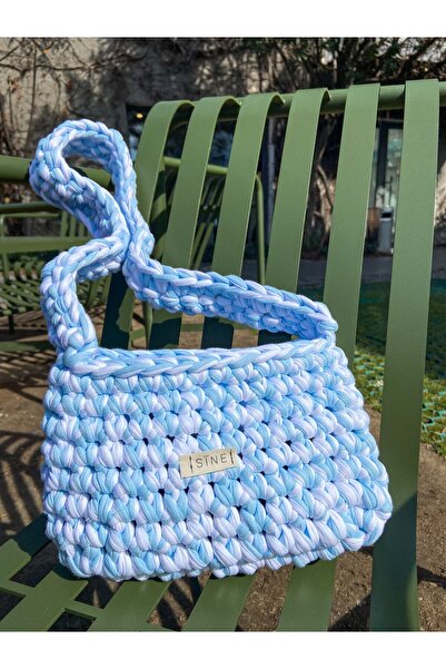 SINE ACCESSORY El Yapımı Örgü Mavi-Beyaz Kadın Baget Çanta – Günlük & Yazlık ...