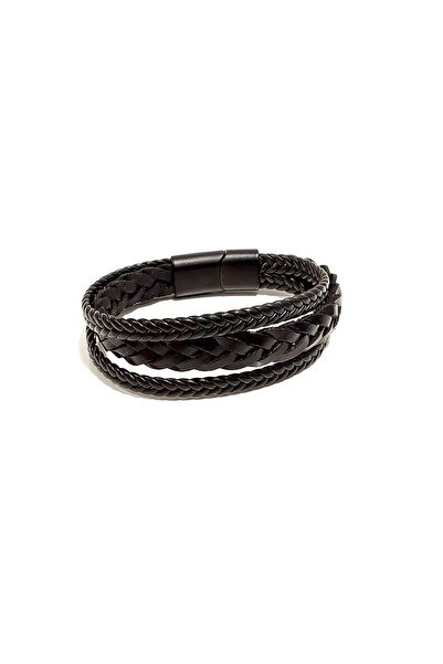 Herşey Nota Black Genuine Leather Herringbone Knitted 3-Layer Men's Bracelet ...