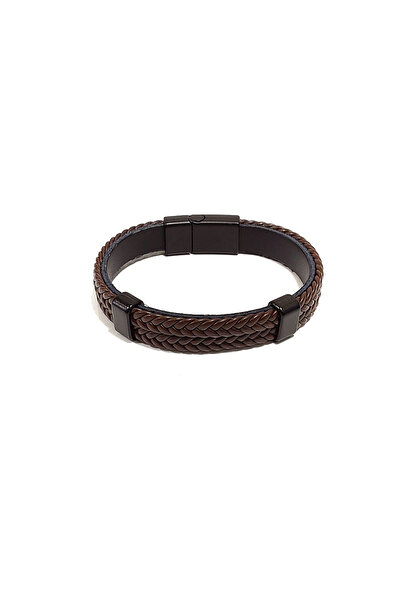 Herşey Nota Herringbone Braided Brown Leather Men's Bracelet |   Genuine Leat...