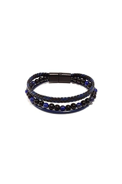 Herşey Nota Navy Blue Natural Stone and Black Knitted Leather Combination Men...