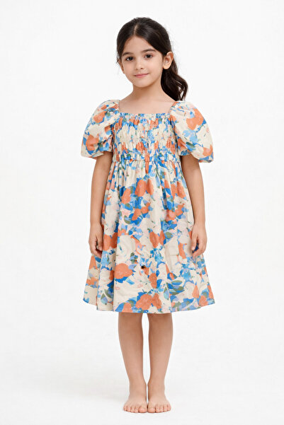 Gingersnaps فستان بناتي منسوج برقبة مربعة وأكمام قصيرة