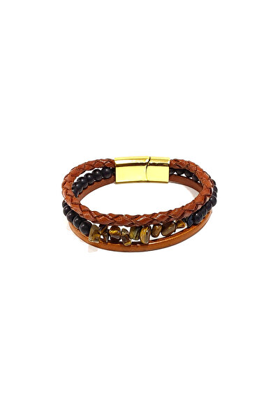 Herşey Nota Tiger's Eye Natural Stone and Genuine Leather Men's Bracelet |   ...