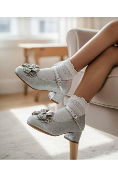 PATİK BEBE Girls' Silver Color Bow-Decorated Comfortable and Stylish Short-He...