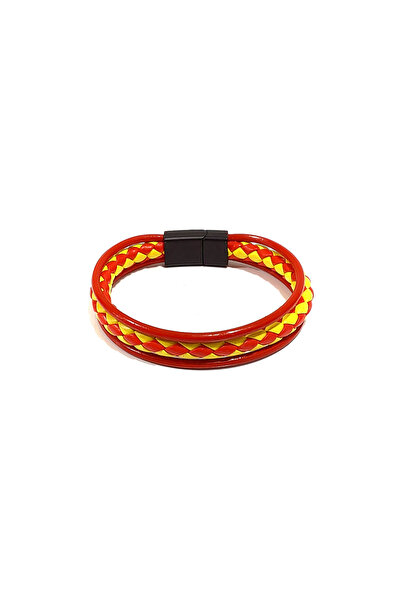 Herşey Nota Yellow Red Knitted and Leather Combination Men's Bracelet |   Gen...