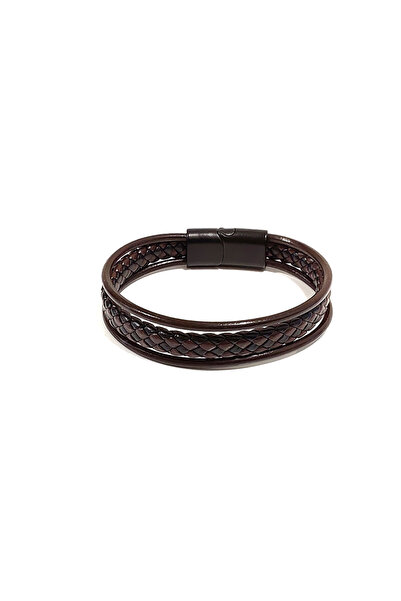 Herşey Nota Brown Knitted and Leather Combination Men's Bracelet |   Genuine ...