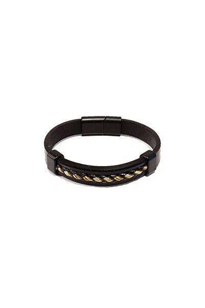 Herşey Nota Black Genuine Leather Men's Bracelet with Gold Metal Detail |   M...
