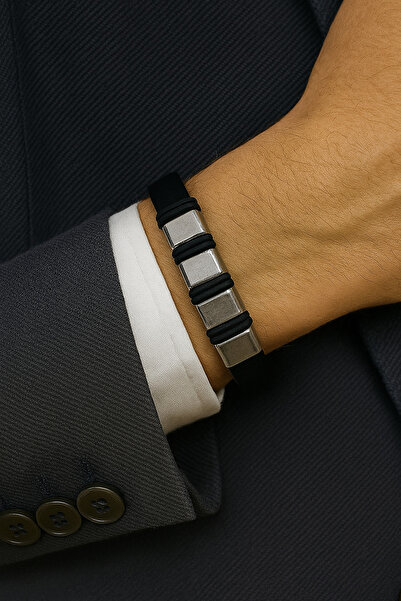 Herşey Nota Men's Bracelet with Metal Block Detail on Black Genuine Leather |...