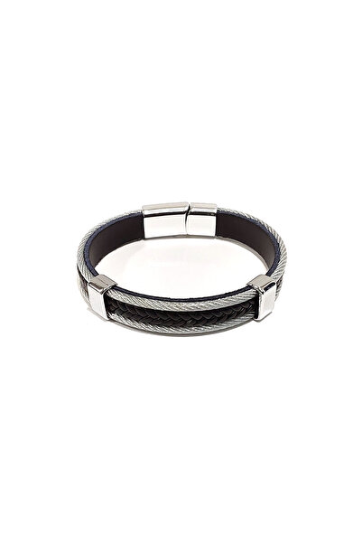 Herşey Nota Hakiki Siyah Deri Çelik Örgü Erkek Bileklik | Mıknatıslı Metal To...