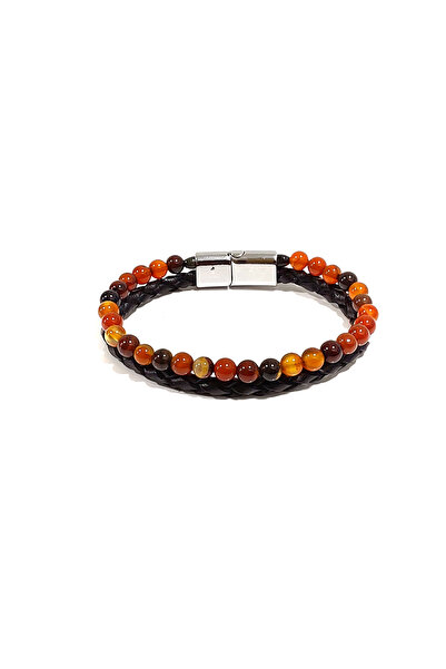 Herşey Nota Black Leather Knitted Brown Natural Stone Men's Bracelet – Stylis...