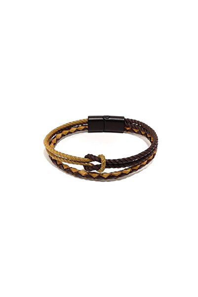 Herşey Nota Genuine Leather Braided Brown-Tan Rope Men's Bracelet |   Magneti...