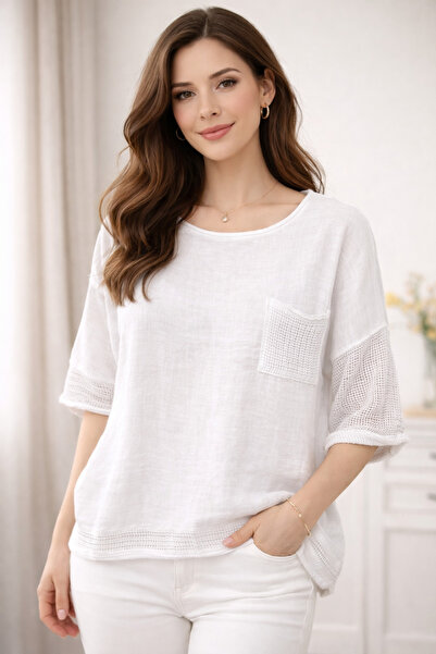 AGORATEKSTİL Kadın Oversize Fileli % 100 Keten Bluz