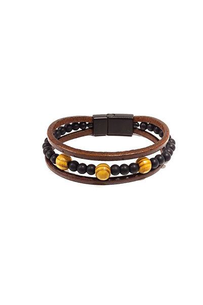 Herşey Nota Brown and Black Leather Beaded Combination Men's Bracelet |   Gen...