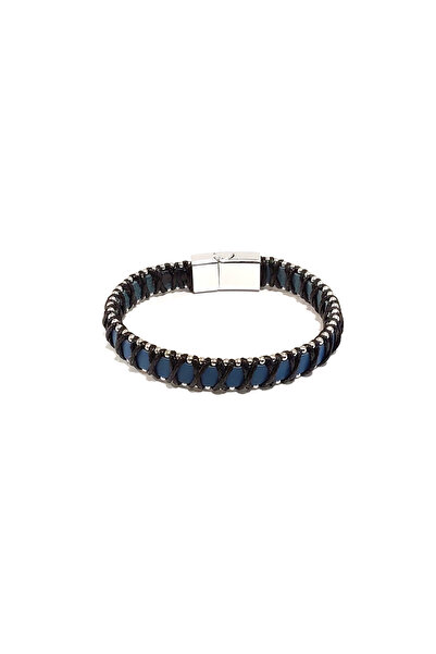 Herşey Nota Navy Blue Leather with Black Thread Wrapped Men's Bracelet |   Ma...