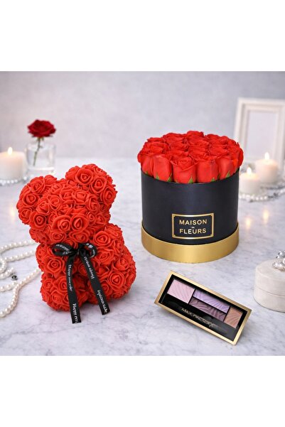 velve Set Cadou, Aranjament floral cu trandafiri rosii de sapun, Ursulet flor...
