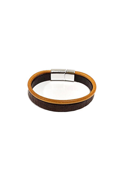 Herşey Nota Real Leather Textured Brown Men's Bracelet |   Magnetic Metal Buc...
