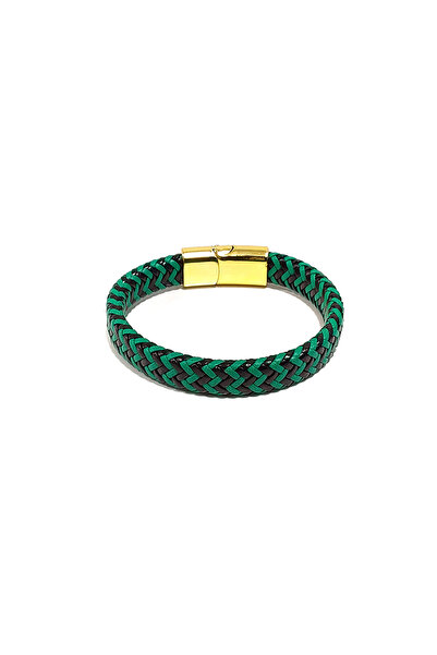 Herşey Nota Green Black Knitted Genuine Leather Men's Bracelet |   Sports and...