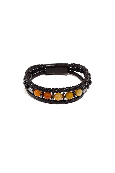 Herşey Nota Natural Stone Black Knitted Leather Men's Bracelet – Stylish Desi...