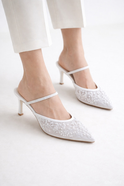 guijarro Women's White Embroidered Beaded Detailed Mesh Stylish Shoes 7.5cm M...