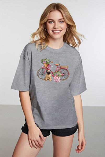 caddekombin Жіноча футболка з круглим вирізом сірого кольору з графічним прин...